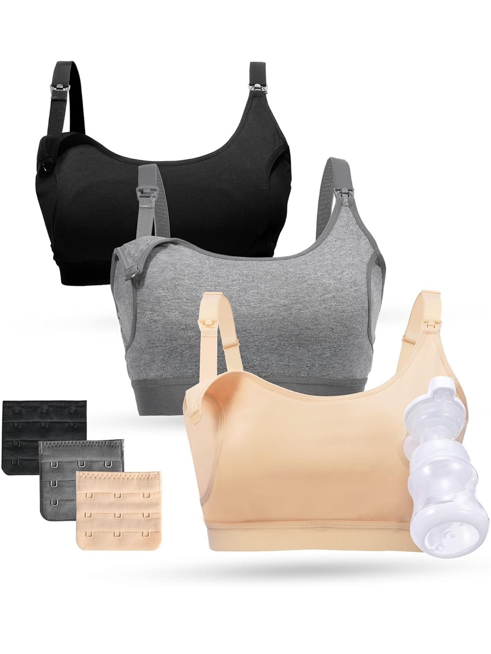 Momcozy 3 pcs Set Nursing & Pumping Bra Black, Gray, Beige large